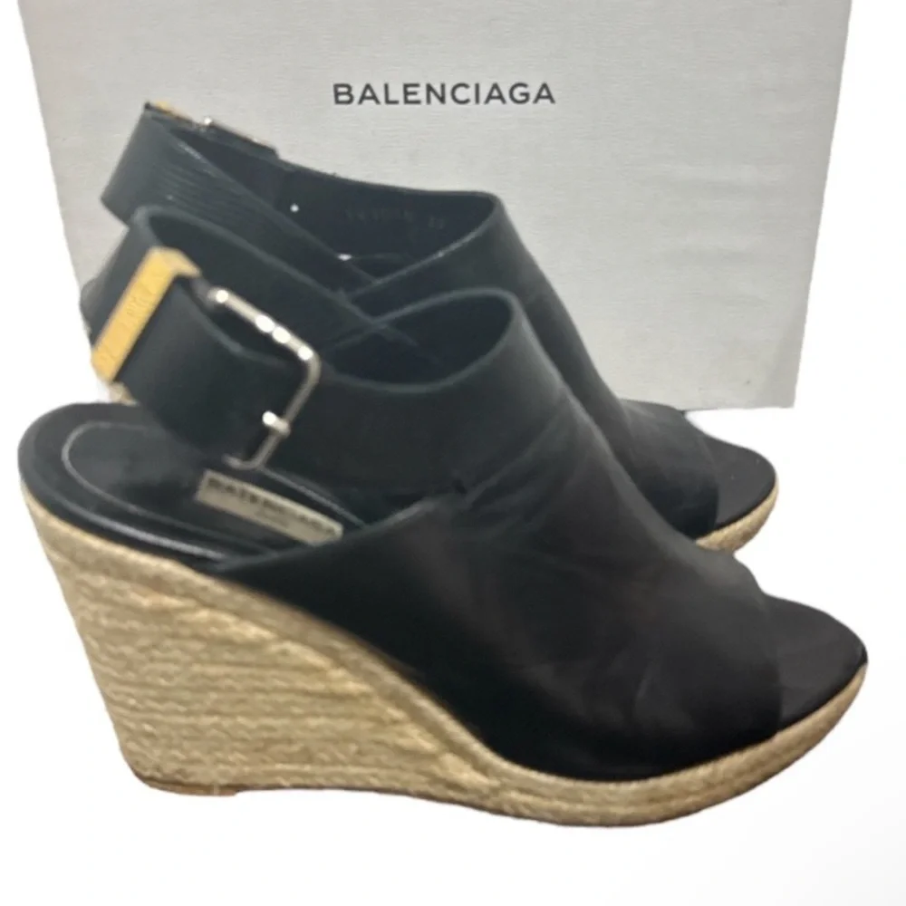 Authentic Balenciaga luxury designer black leather wedges sandals espadrilles 9